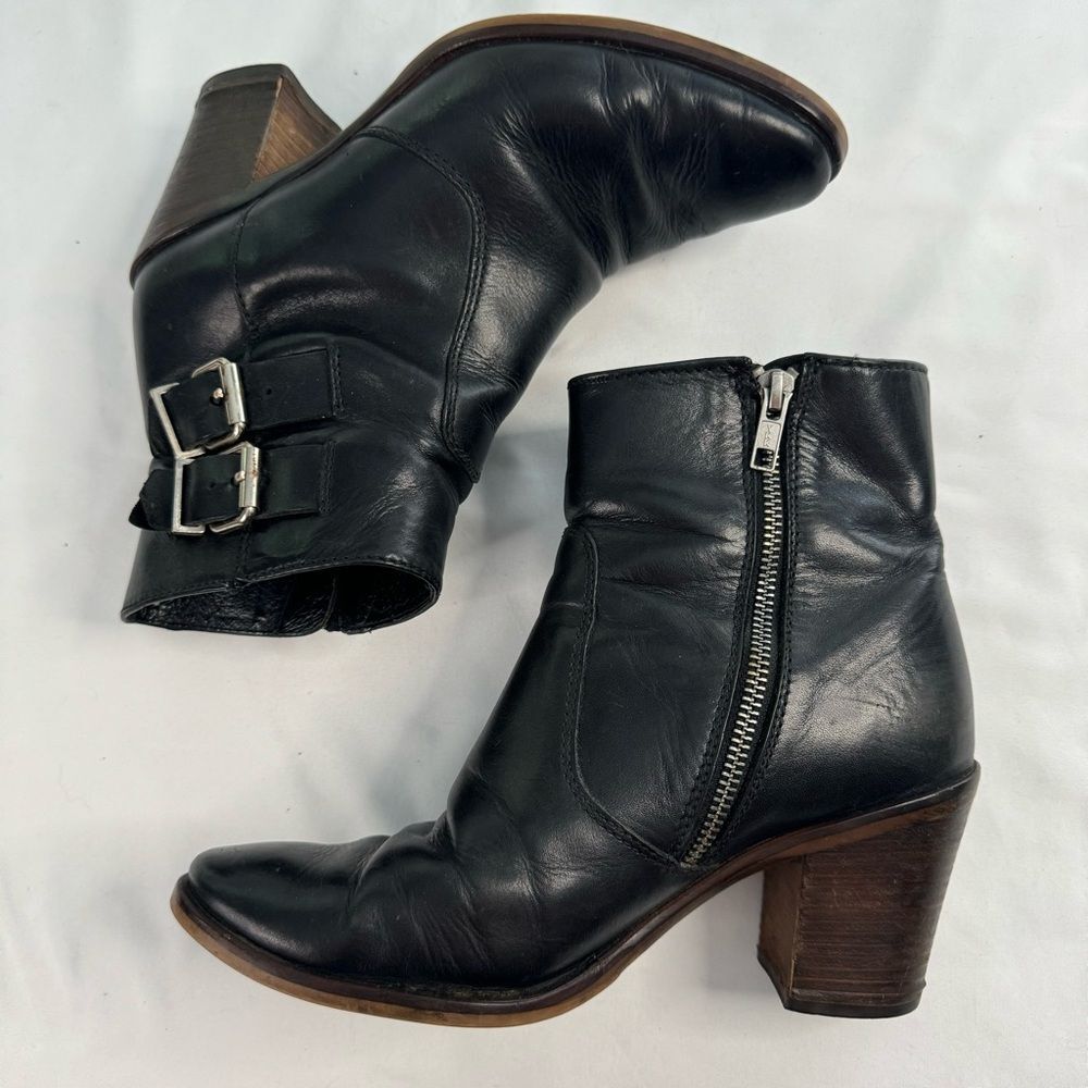 J Crew Dean Leather Ankle Boots Black Buckle Size 7 Block Heel Moto Boho Classic